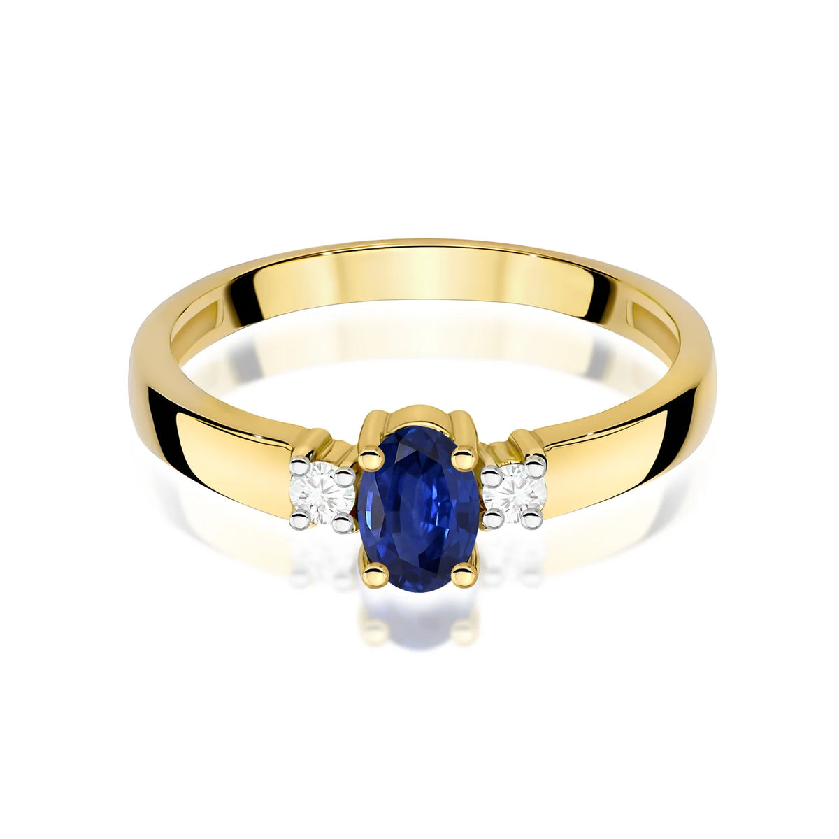 Trilogie-Ring aus 585er Gelbgold mit ovalem blauem Saphir 0,70 ct und Diamanten 0,08 ct