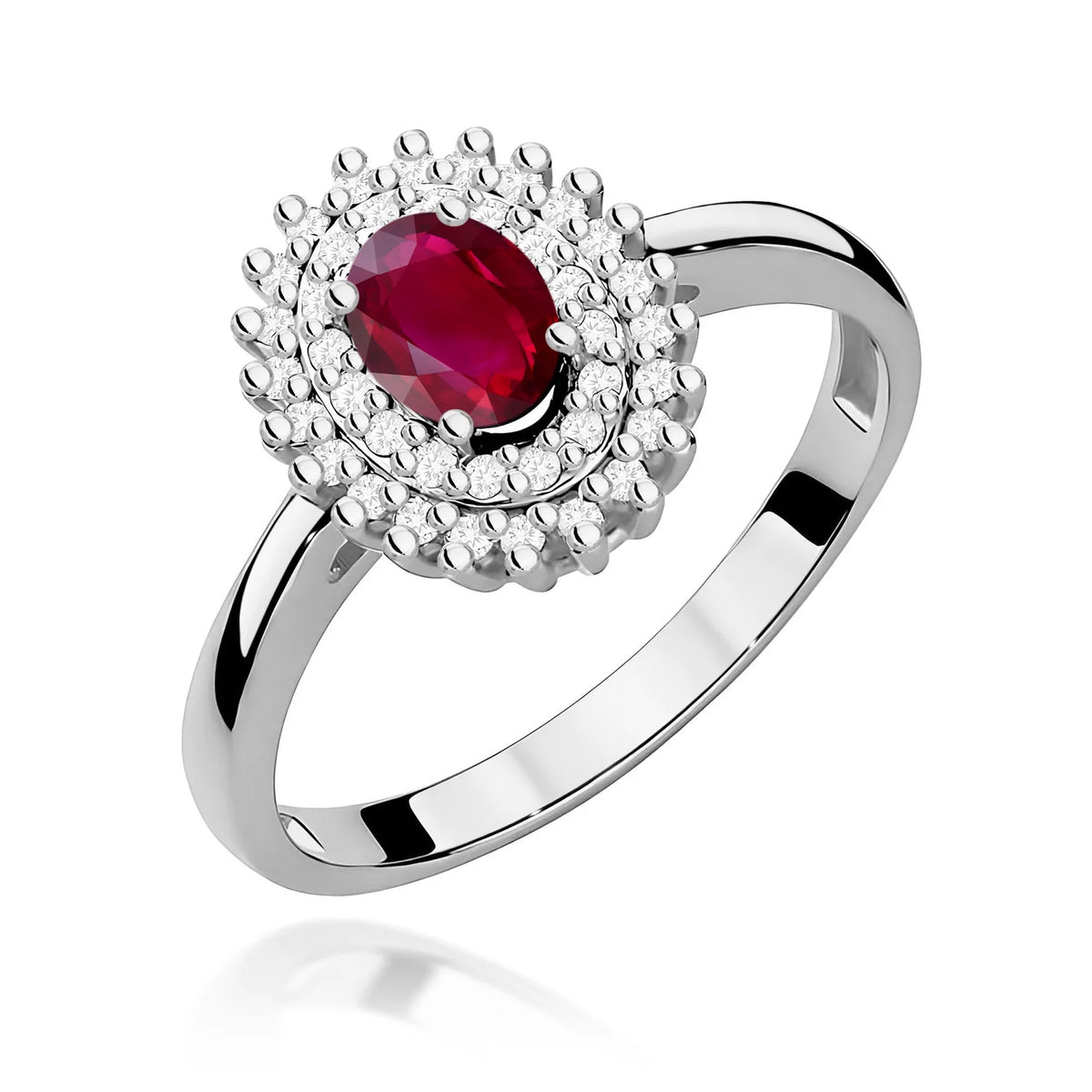 Ovaler Rubin-Doppelhalo-Ring aus 585er Weißgold mit 0,60 ct Rubin und 0,195 ct Diamanten mit Doppel-Halo