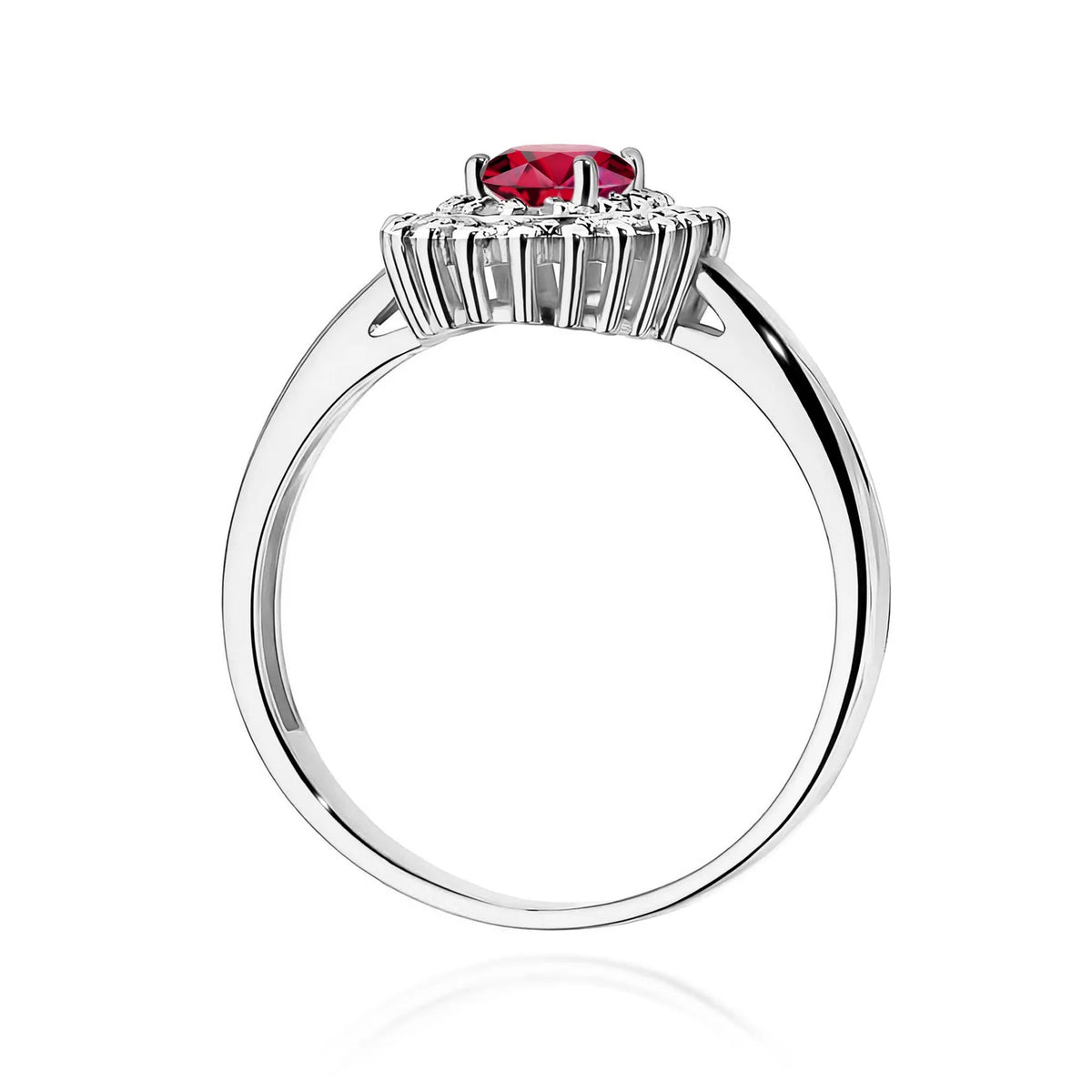 Ovaler Rubin-Doppelhalo-Ring aus 585er Weißgold mit 0,60 ct Rubin und 0,195 ct Diamanten mit Doppel-Halo