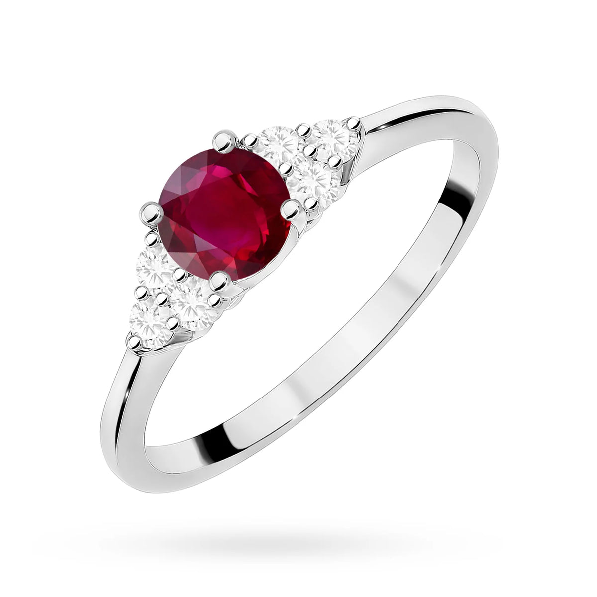 Ring aus 585er Weißgold mit runden Rubinen von 0,60 ct und seitlichen Diamantclustern von 0,18 ct