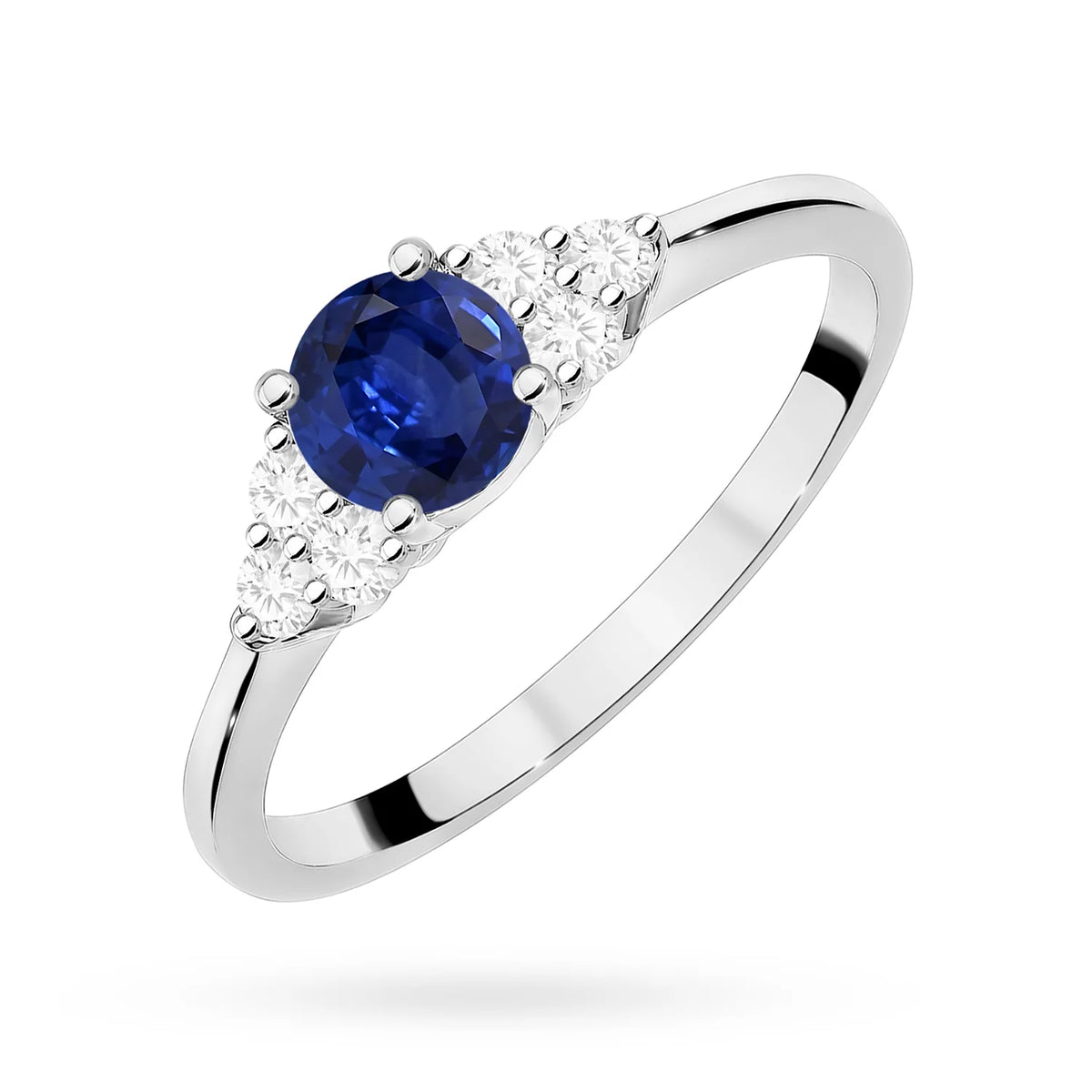 Seitlicher Cluster-Diamantring aus 585er Weißgold mit blauem Saphir 0,50 ct und Diamanten 0,18 ct