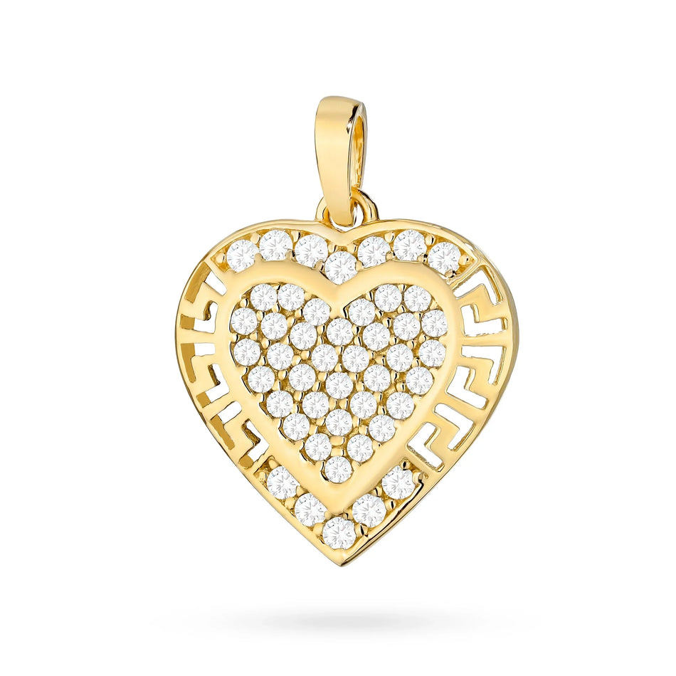 Gold Necklace with Heart Pendant and Cubic Zirconia – Greek Pattern