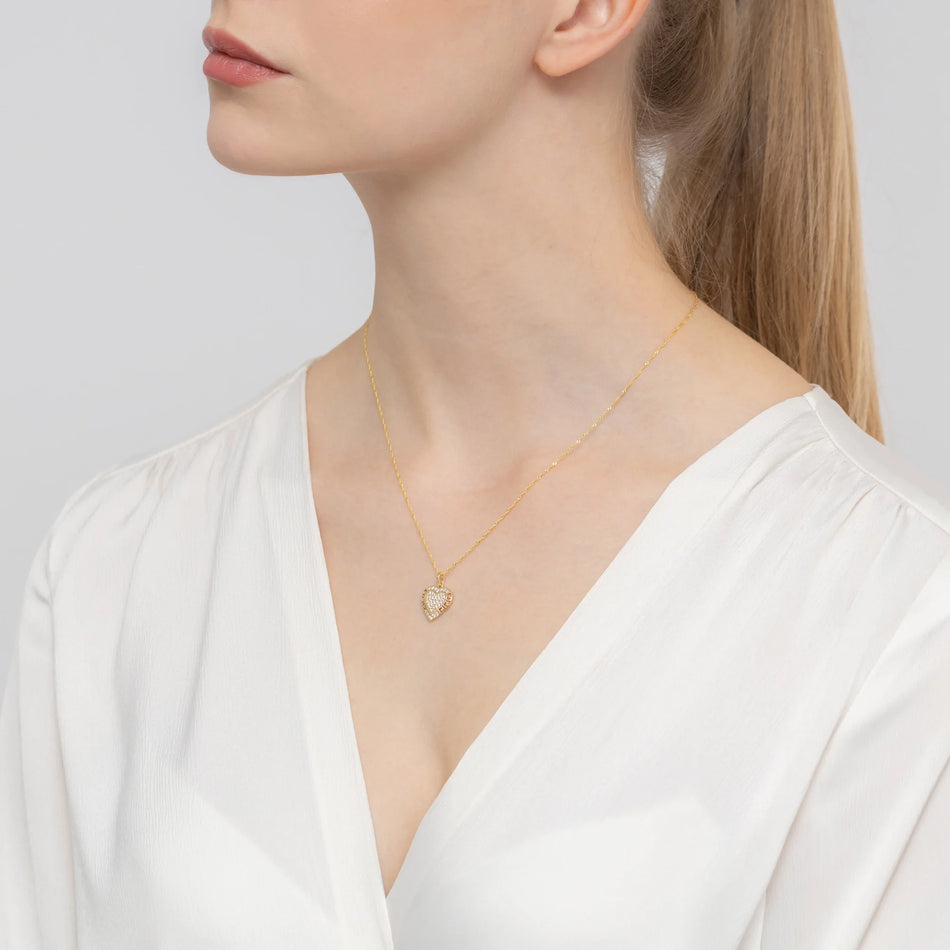 Gold Necklace with Heart Pendant and Cubic Zirconia – Greek Pattern