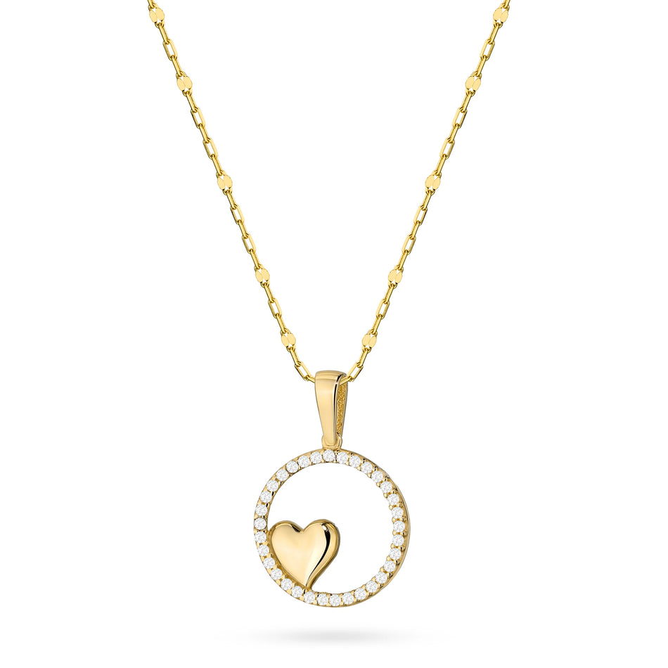 Gold Necklace with Heart Pendant in Circle and Cubic Zirconia