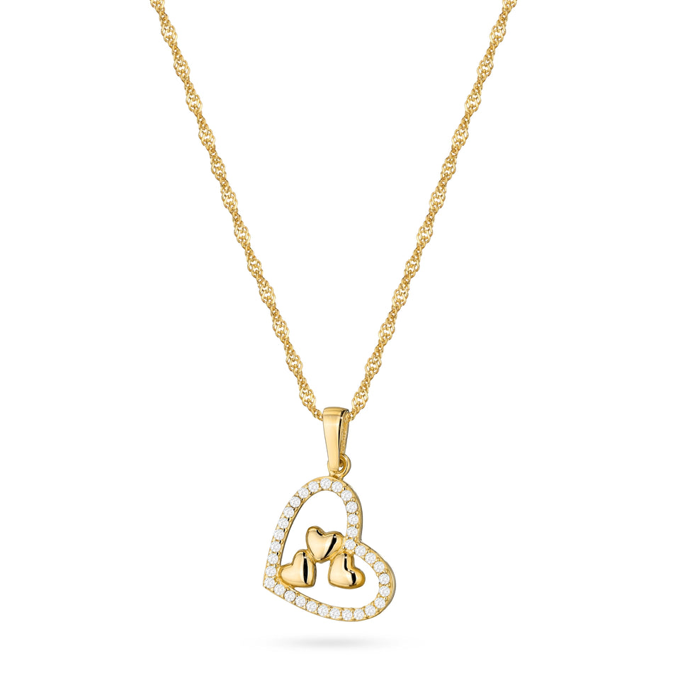 Gold Necklace with Three Hearts Pendant and Cubic Zirconia