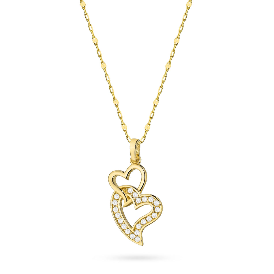 Gold Necklace with Connected Heart Pendants and Cubic Zirconia