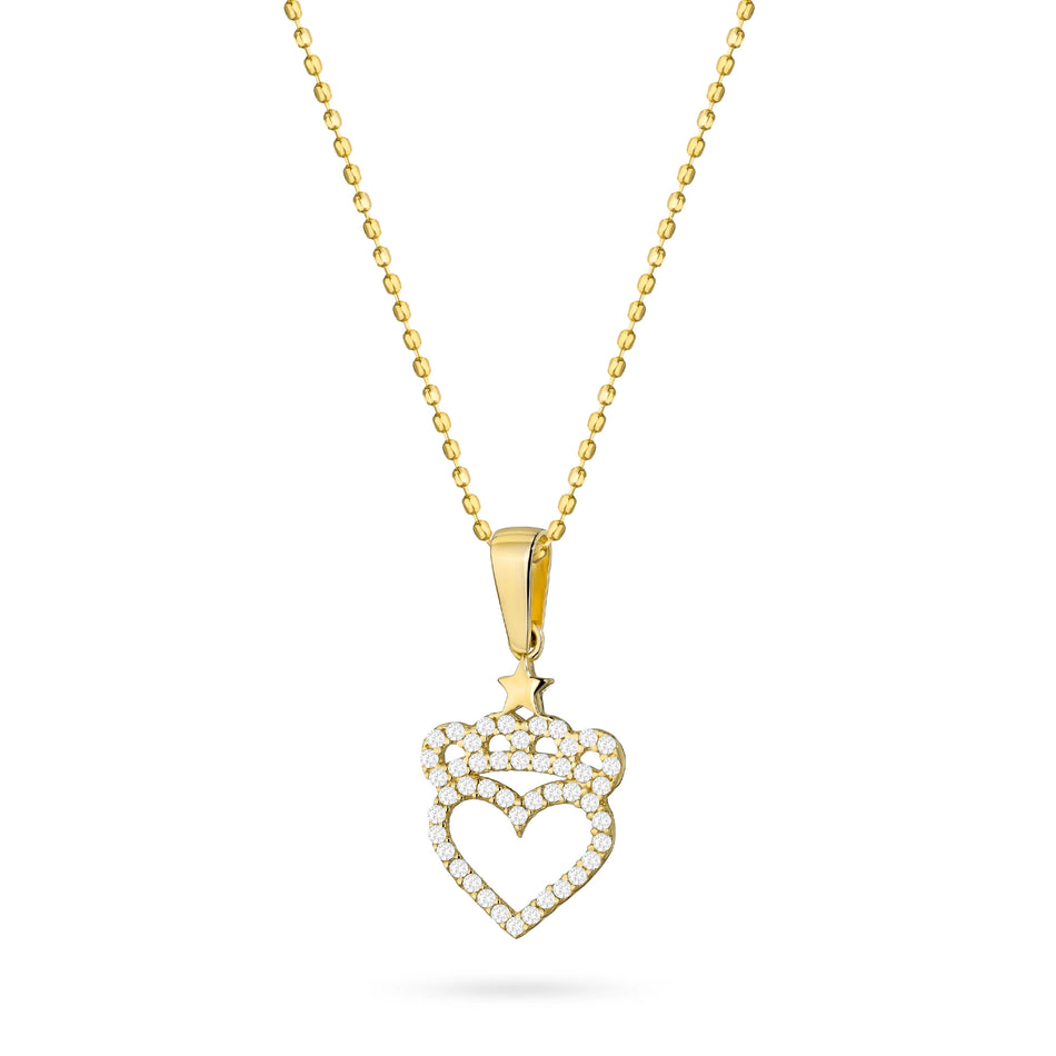 Gold Necklace with Heart Pendant and Crown with Cubic Zirconia