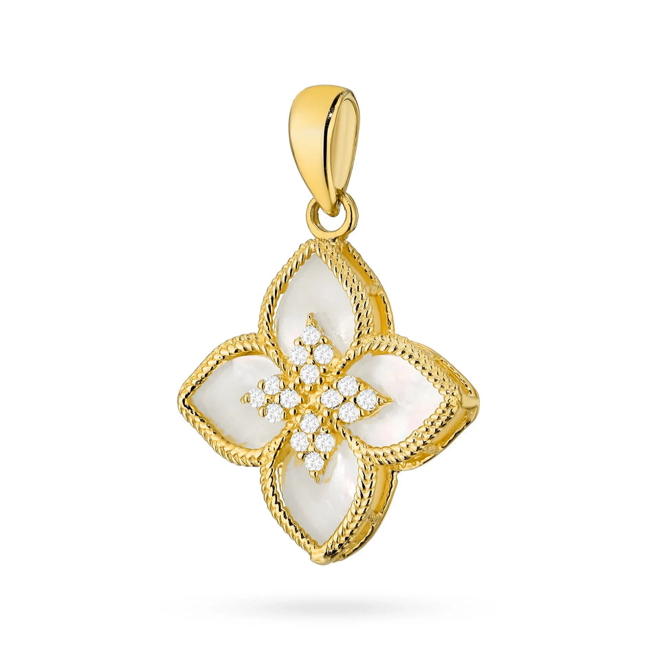 Gold set: black enamel flower pendant with zirconia