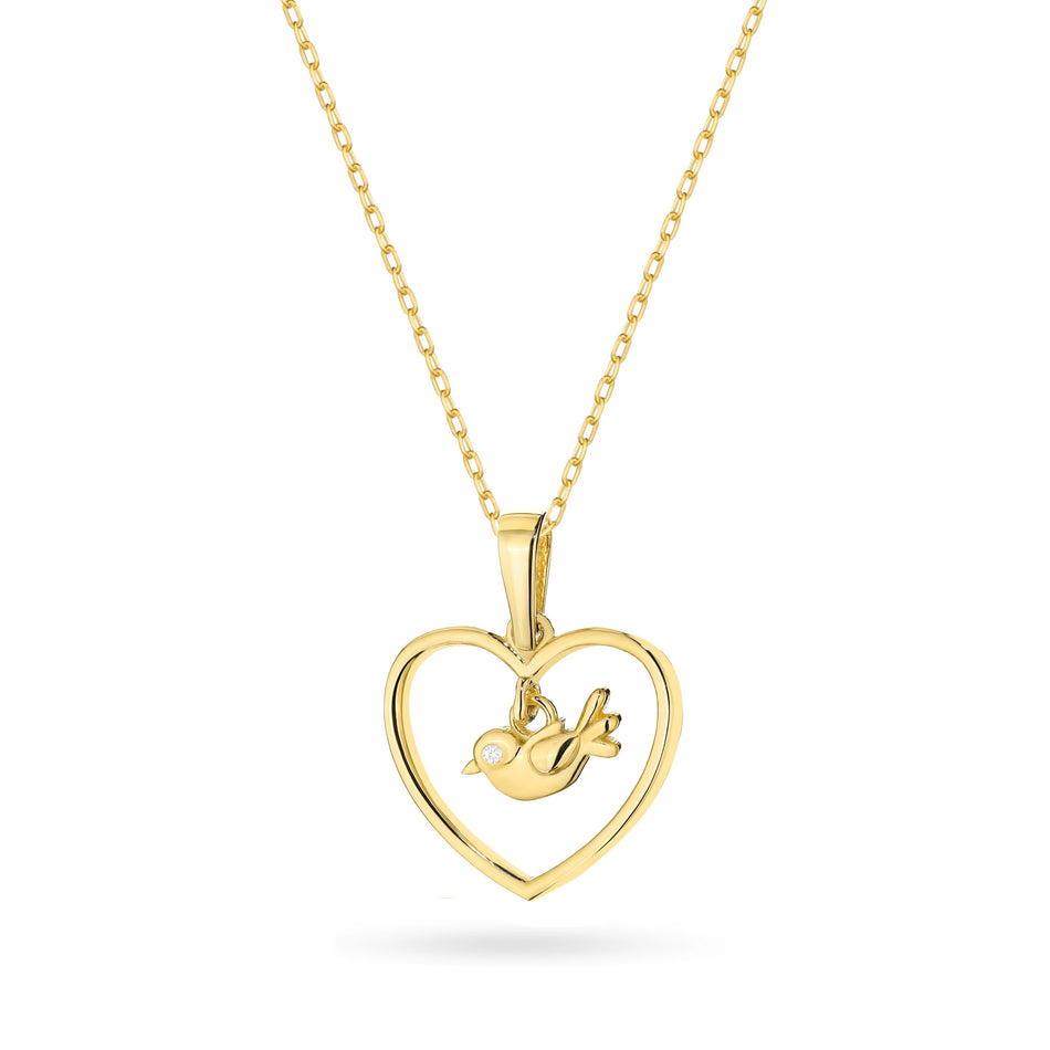 Gold Necklace with Heart Pendant and Bird Motif