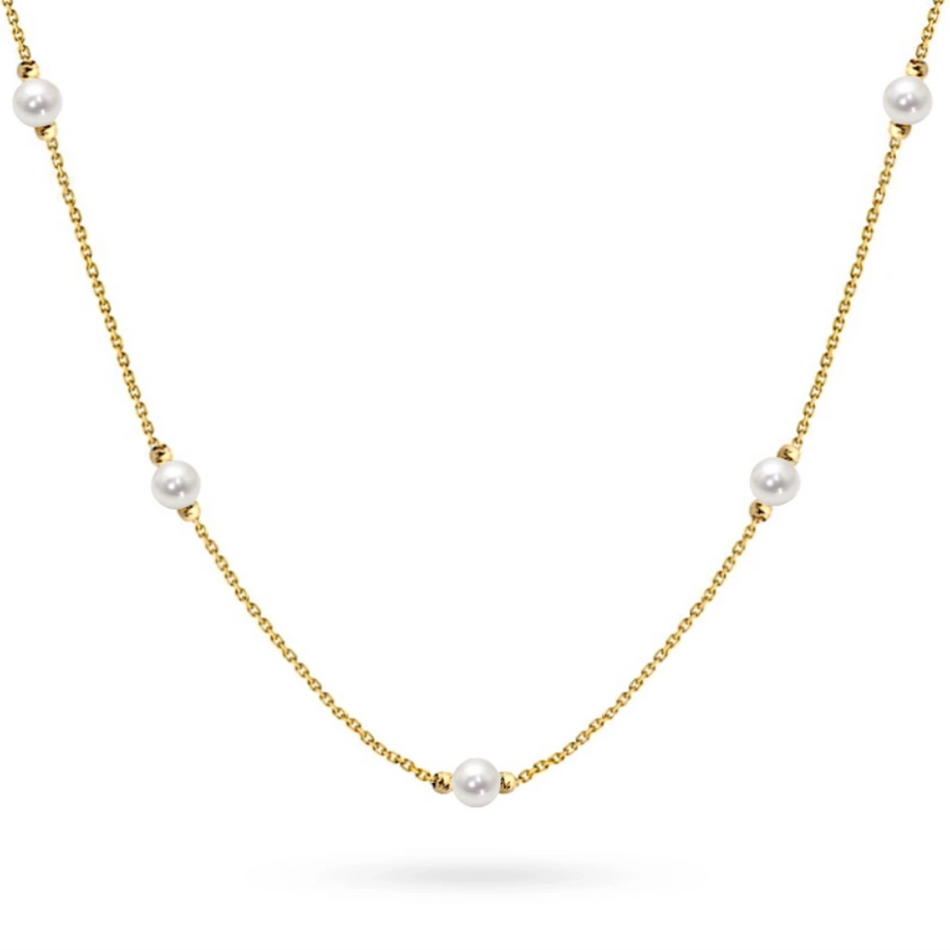 Gold 14k(585) necklace with diamond cuted beads nad pearls in vintage style. Order a gift for mother, girlfriend or fiancee.