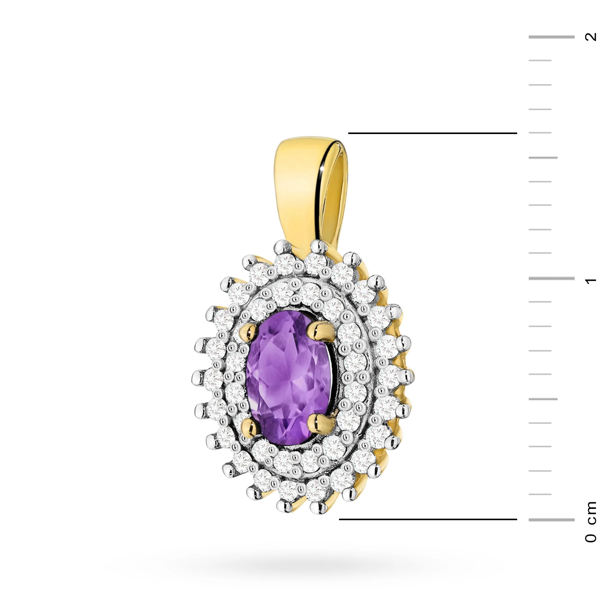 Pendant made of 14K (585) gold. Central amethyst 0.40ct surrounded by 39 diamonds 0.19ct. A unique gift for her. Our shop offers chains, rings, earrings.