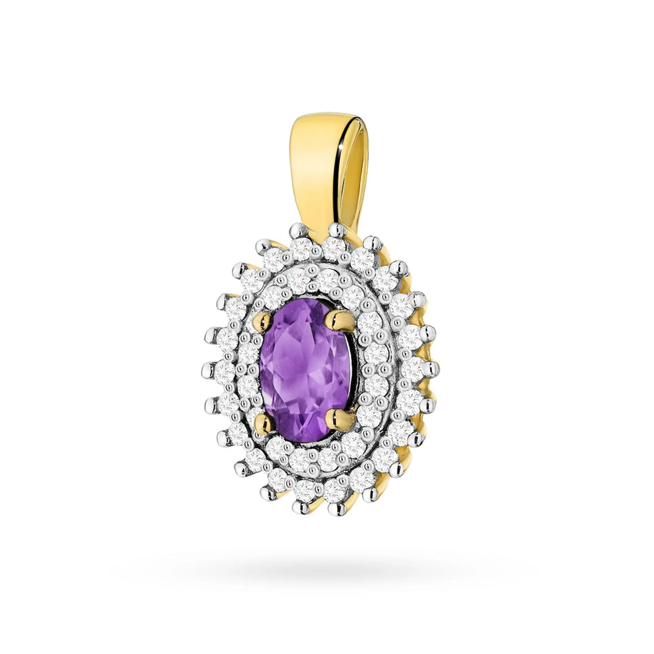 Anhänger aus 14K (585) Gold. Zentraler Amethyst 0,40 ct, umgeben von 39 Diamanten 0,19 ct. Ein einzigartiges Geschenk für sie. Unser Geschäft bietet Ketten, Ringe, Ohrringe an.