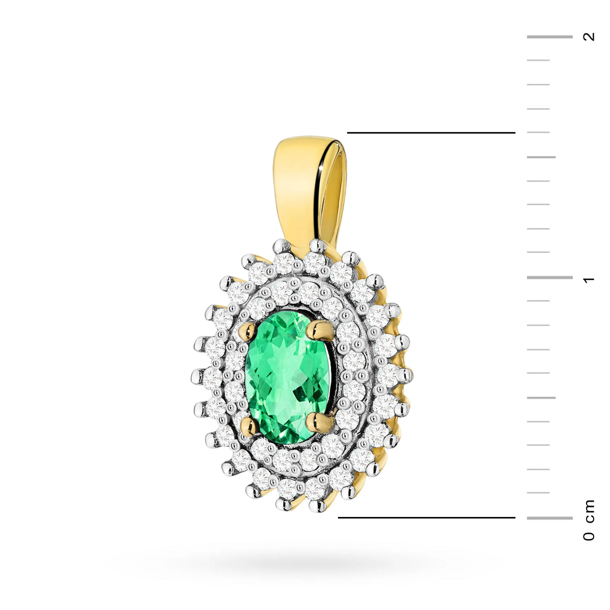 Anhänger aus 14K (585) Gold. Zentraler Smaragd 0,40 ct, umgeben von 39 Diamanten 0,19 ct. Ein einzigartiges Geschenk für sie. Unser Geschäft bietet Ketten, Ringe oder Armbänder an.