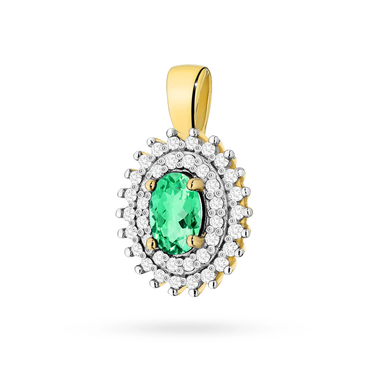 Anhänger aus 14K (585) Gold. Zentraler Smaragd 0,40 ct, umgeben von 39 Diamanten 0,19 ct. Ein einzigartiges Geschenk für sie. Unser Geschäft bietet Ketten, Ringe oder Armbänder an.