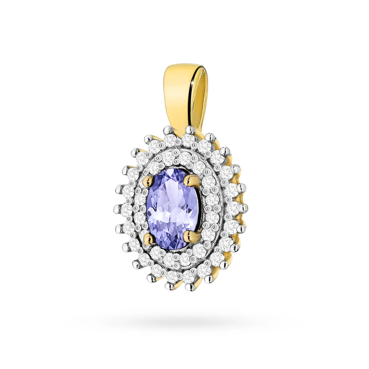 Anhänger aus 14-karätigem (585) Gold. Zentraler Tansanit 0,40 ct, umgeben von 39 Diamanten 0,19 ct. Ein einzigartiges Geschenk für sie. Unser Geschäft bietet Ketten, Anhänger, Halsketten an.