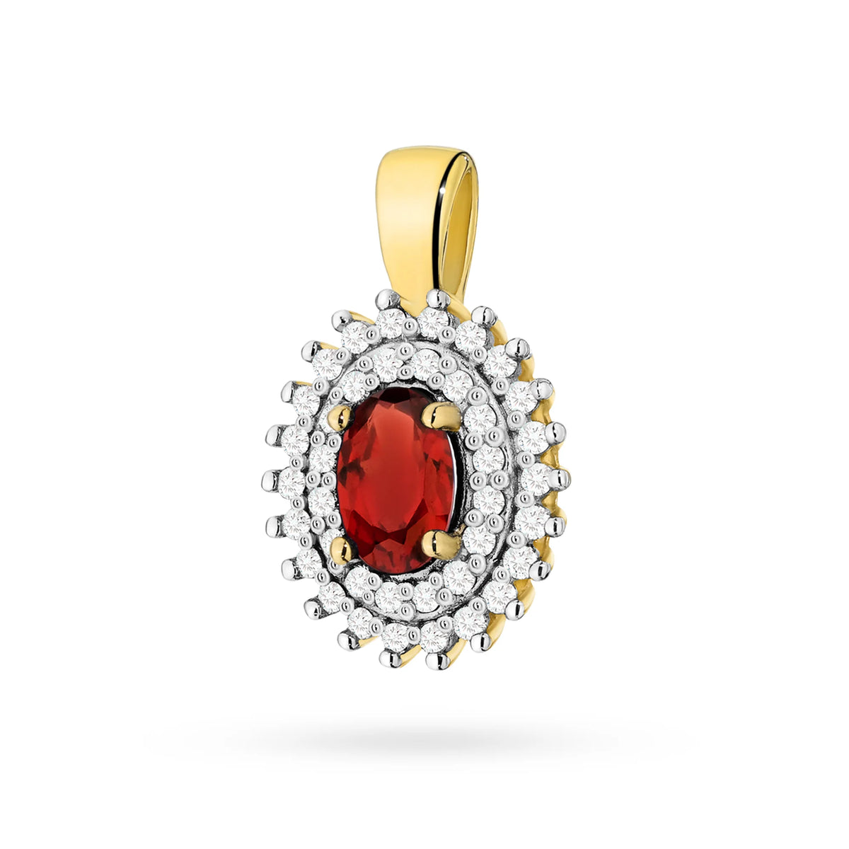 Anhänger aus 14K (585) Gold. Zentraler Granat 0,50 ct, umgeben von 39 Diamanten 0,19 ct. Ein einzigartiges Geschenk für sie. Unser Geschäft bietet Ketten, Ringe oder Armbänder an.
