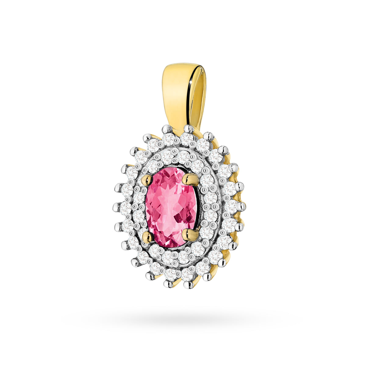 Anhänger aus 14-karätigem (585) Gold. Unsere Auswahl umfasst Ketten, Anhänger, Halsketten. Oval geschliffener rosa Topas 0,50 ct und 39 Diamanten 0,19 ct. Ein einzigartiges Geschenk für sie