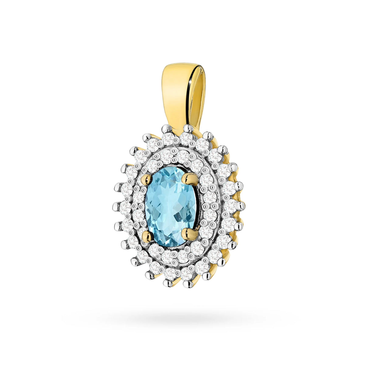 Anhänger aus 14-karätigem (585) Gold. Zentraler oval geschliffener Topas 0,50 ct und 39 Diamanten 0,19 ct. Ein einzigartiges Geschenk für sie. Unser Angebot umfasst Ketten, Anhänger, Halsketten.