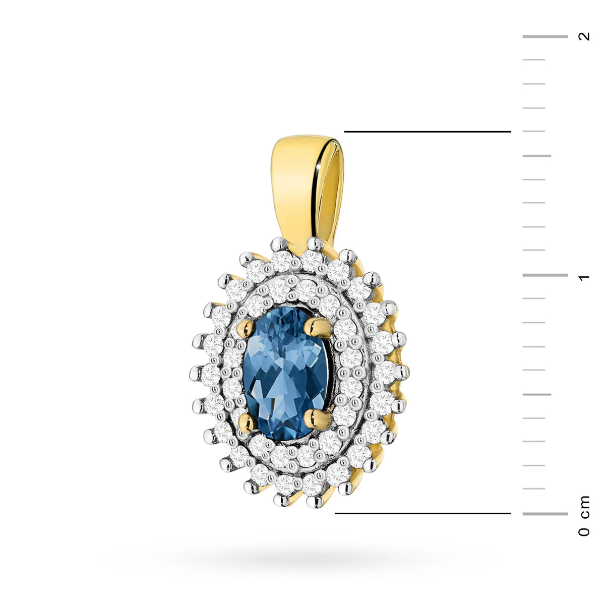 Anhänger aus 14K (585) Gold. Zentraler Topas London Blue 0,50 ct, umgeben von 39 Diamanten 0,19 ct. Ein einzigartiges Geschenk für sie. Unser Geschäft bietet Ketten und Halsketten an.