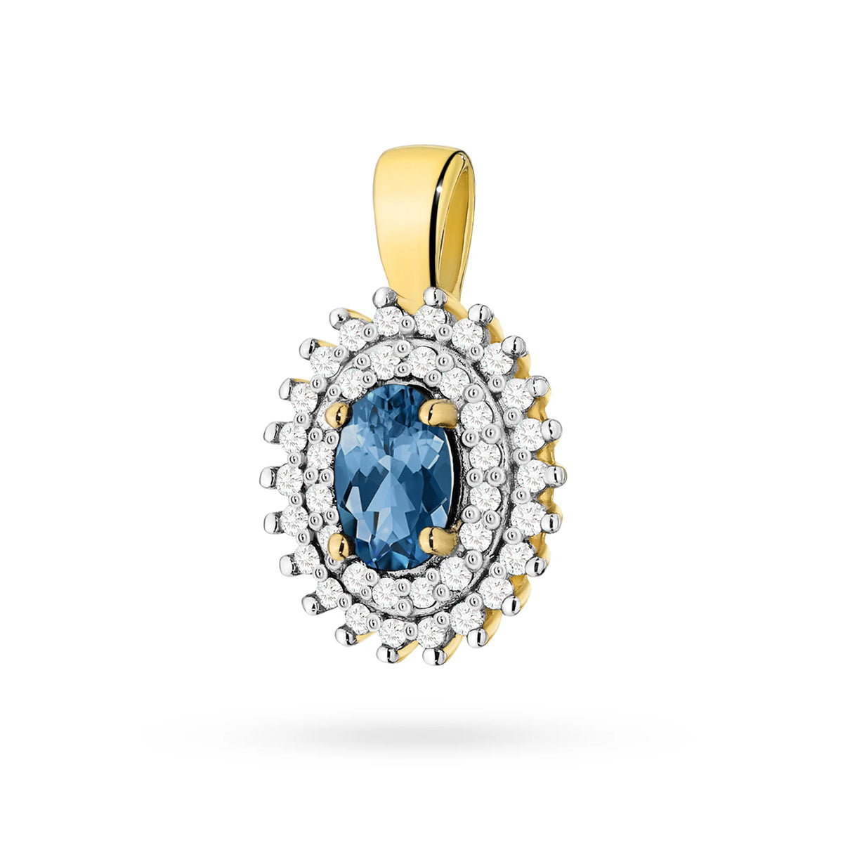 Anhänger aus 14K (585) Gold. Zentraler Topas London Blue 0,50 ct, umgeben von 39 Diamanten 0,19 ct. Ein einzigartiges Geschenk für sie. Unser Geschäft bietet Ketten und Halsketten an.