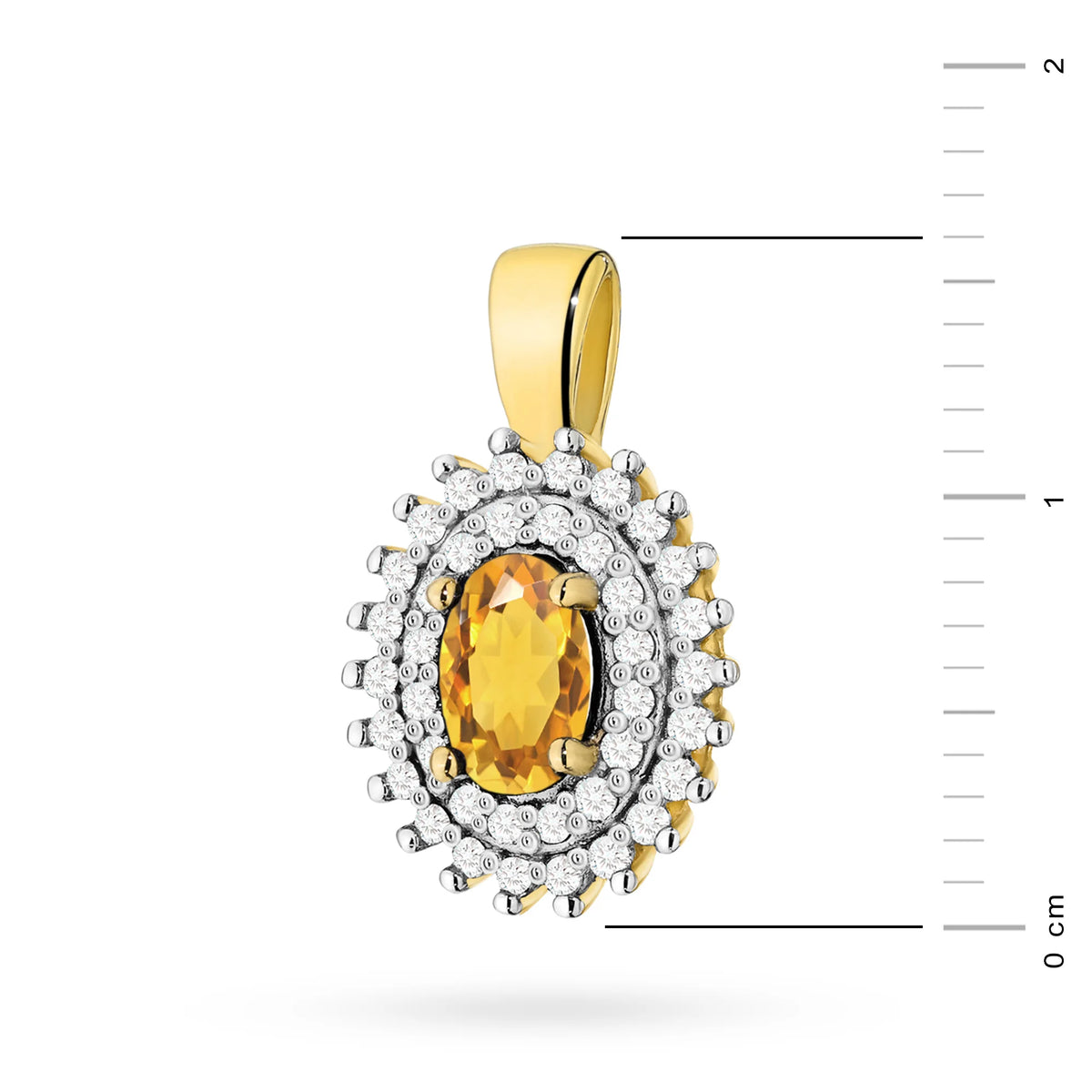 Pendant made of 14K (585) gold. Central citrin 0.60ct surrounded by 39 diamonds 0.19ct. A unique gift for her. Our shop offers chains, rings, earrings.