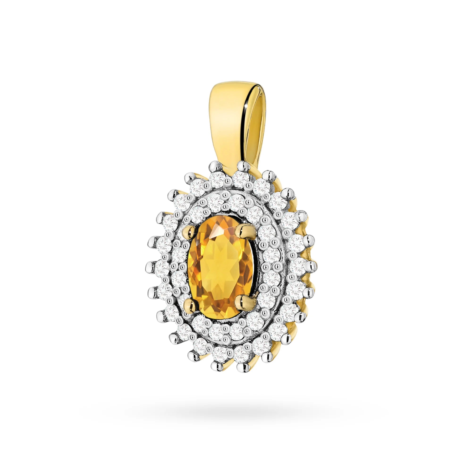 Pendant made of 14K (585) gold. Central citrin 0.60ct surrounded by 39 diamonds 0.19ct. A unique gift for her. Our shop offers chains, rings, earrings.