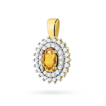 Pendant made of 14K (585) gold. Central citrin 0.60ct surrounded by 39 diamonds 0.19ct. A unique gift for her. Our shop offers chains, rings, earrings.