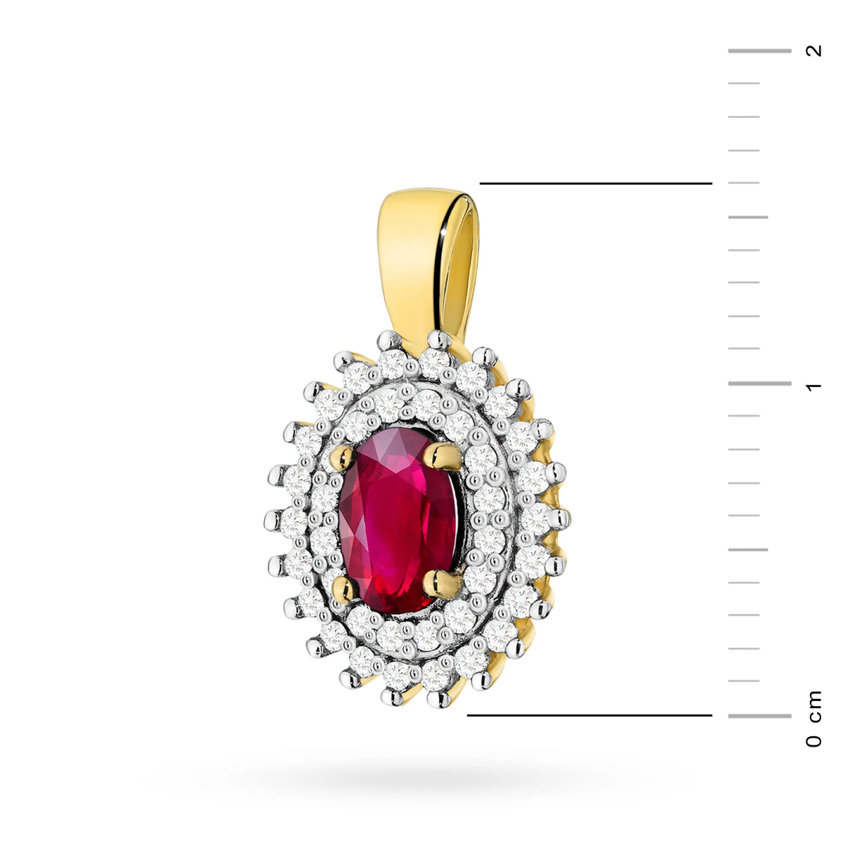 Anhänger aus 14K (585) Gold. Zentraler Rubin 0,60 ct, umgeben von 39 Diamanten 0,19 ct. Ein einzigartiges Geschenk für sie. Unser Geschäft bietet Ketten, Ringe, Ohrringe oder Armbänder an.