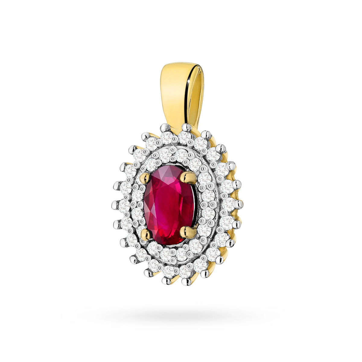 Anhänger aus 14K (585) Gold. Zentraler Rubin 0,60 ct, umgeben von 39 Diamanten 0,19 ct. Ein einzigartiges Geschenk für sie. Unser Geschäft bietet Ketten, Ringe, Ohrringe oder Armbänder an.
