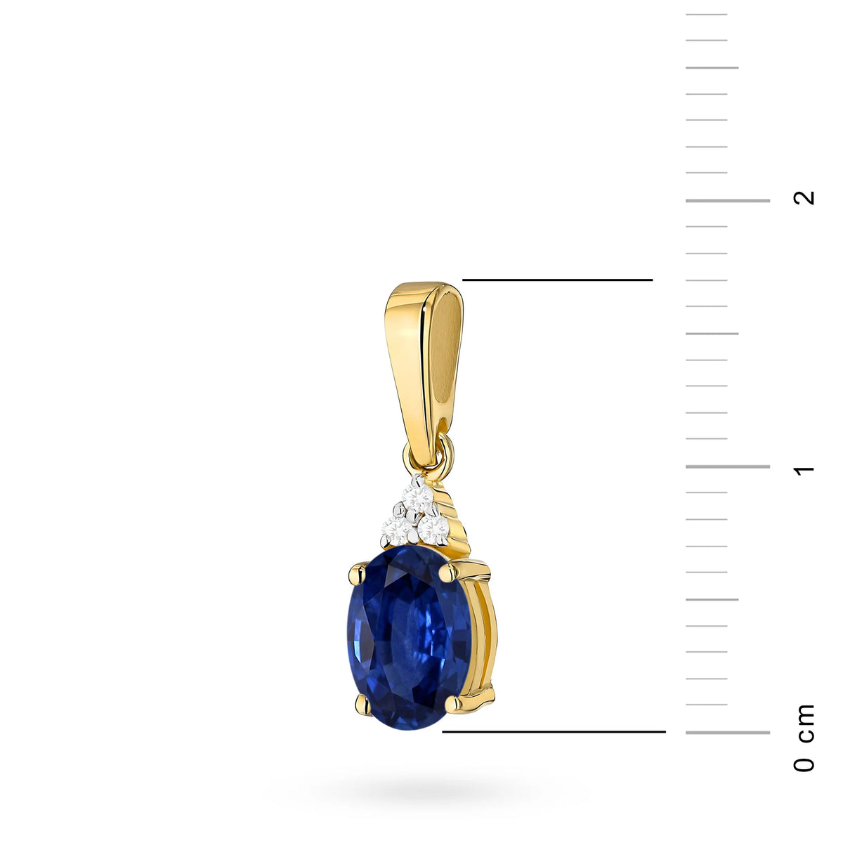 Anhänger aus 14-karätigem (585) Gold. Unser Angebot umfasst Ketten, Anhänger, Halsketten. Zentraler oval geschliffener Saphir 0,90 ct und 3 Diamanten 0,026 ct. Perfektes, einzigartiges Geschenk