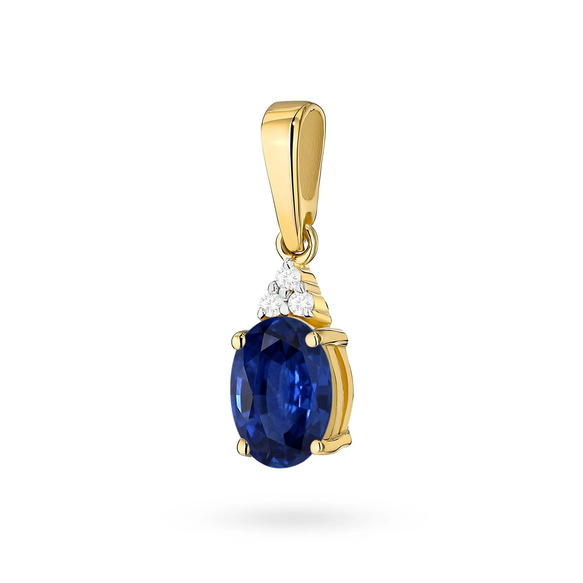 Anhänger aus 14-karätigem (585) Gold. Unser Angebot umfasst Ketten, Anhänger, Halsketten. Zentraler oval geschliffener Saphir 0,90 ct und 3 Diamanten 0,026 ct. Perfektes, einzigartiges Geschenk