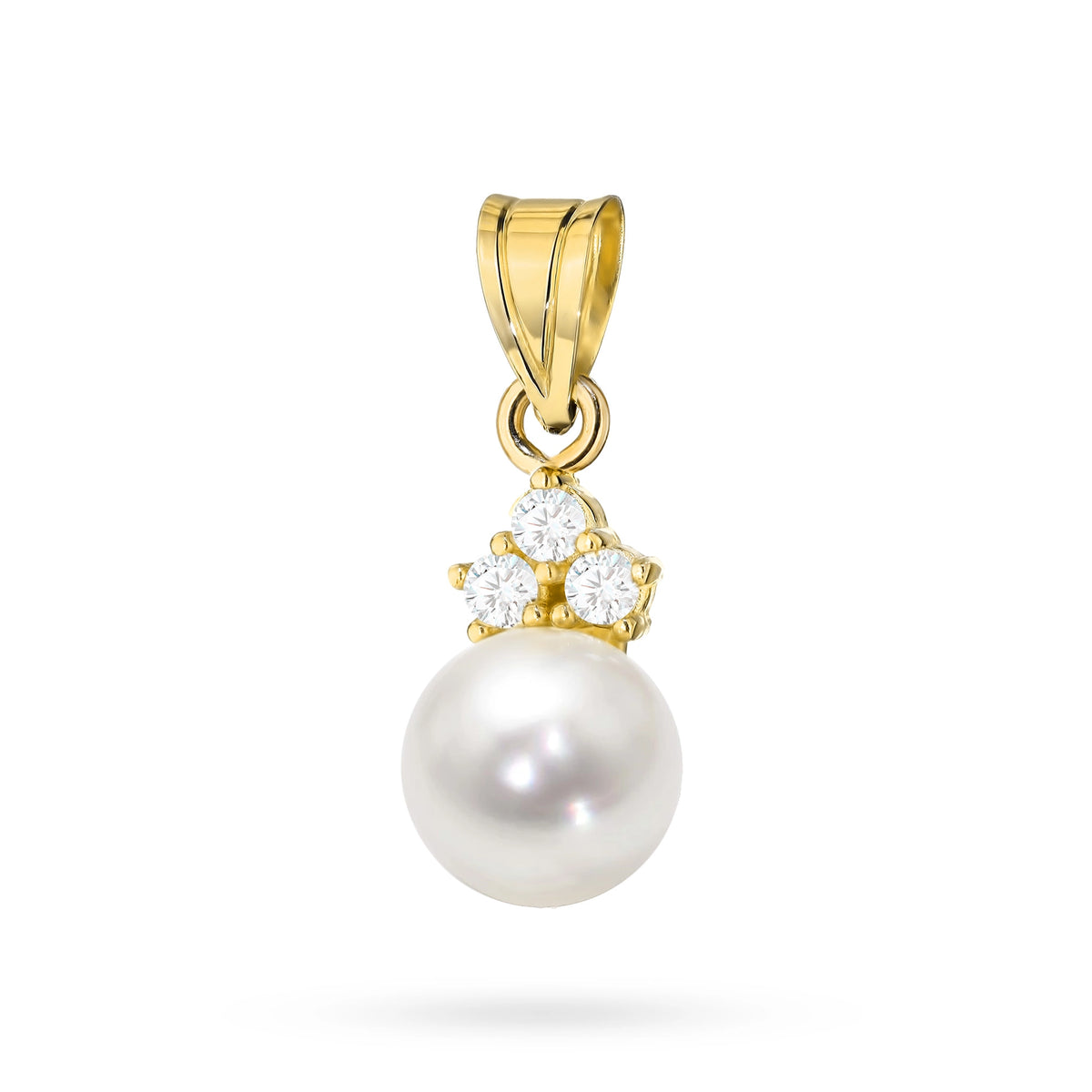 Anhänger aus 14-karätigem Gold (585) mit Perle und 3 Zirkonias im Vintage-Stil. Bestellen Sie ein Geschenk für Mutter, Freundin oder Verlobte.