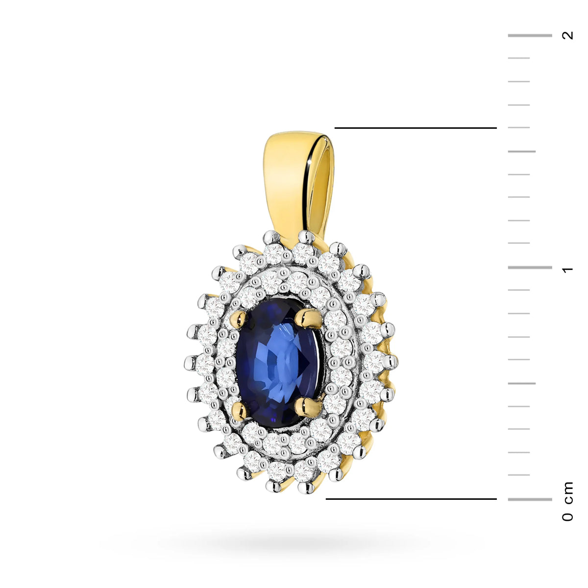 Anhänger aus 14-karätigem (585) Gold. Zentraler Saphir 0,70 ct, umgeben von 39 Diamanten 0,19 ct. Ein einzigartiges Geschenk für sie. Unser Geschäft bietet Ketten, Anhänger, Halsketten an.