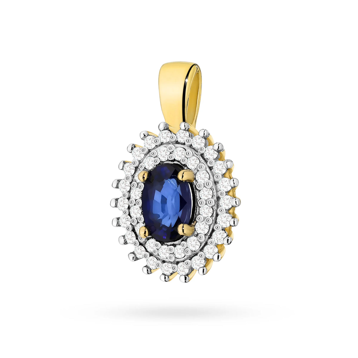 Anhänger aus 14-karätigem (585) Gold. Zentraler Saphir 0,70 ct, umgeben von 39 Diamanten 0,19 ct. Ein einzigartiges Geschenk für sie. Unser Geschäft bietet Ketten, Anhänger, Halsketten an.