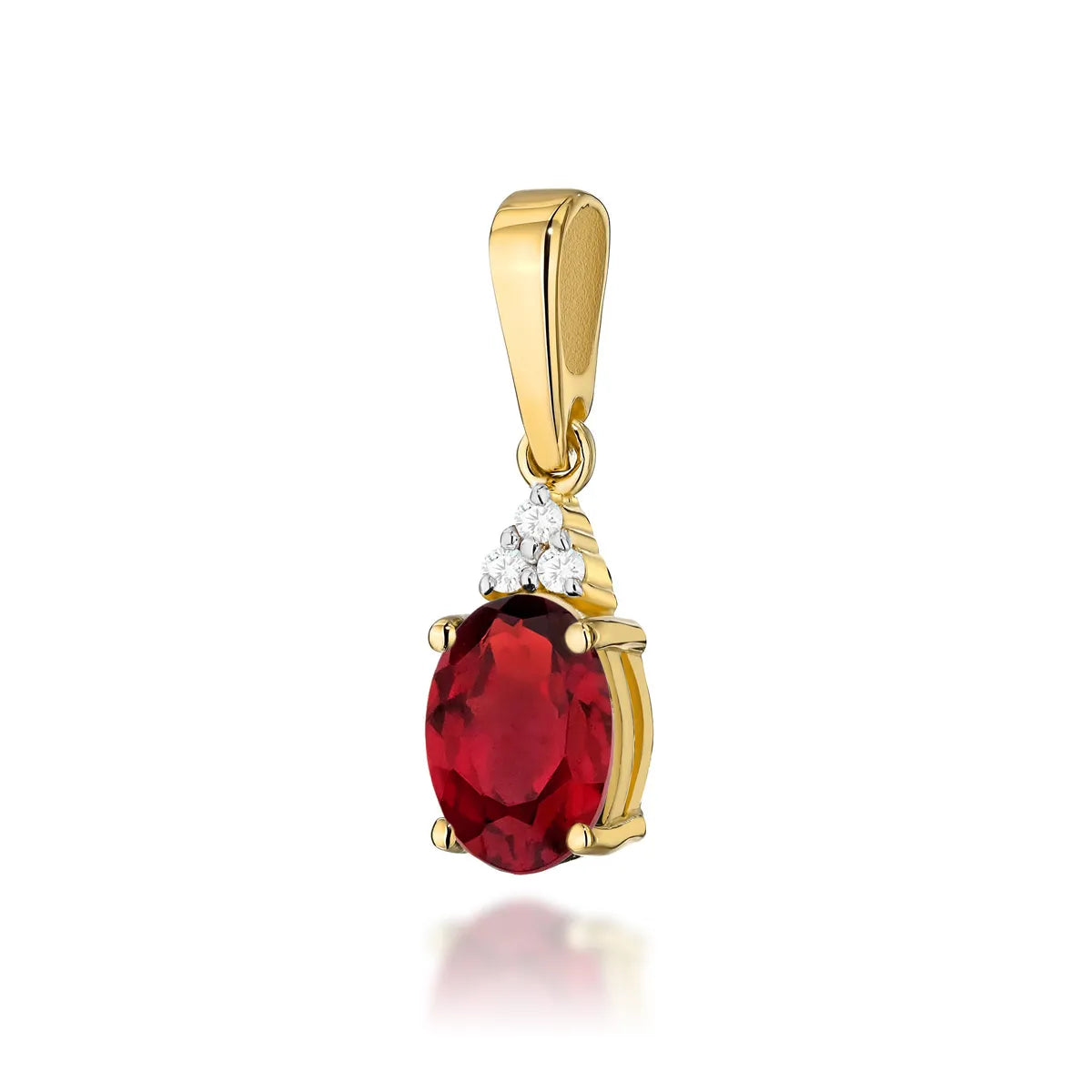 Anhänger aus 14K(585) Gold. Unser Angebot umfasst Ketten, Anhänger, Halsketten. Zentraler oval geschliffener Rubin 1,00 ct und 3 Diamanten 0,026 ct. Perfektes einzigartiges Geschenk.