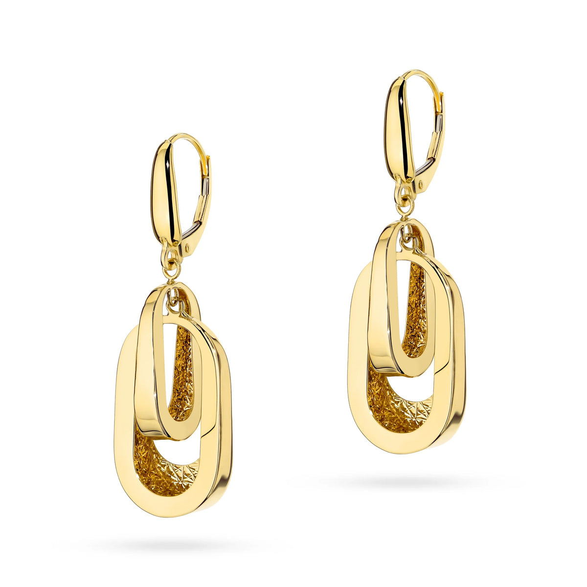 Diese doppelten ovalen Ohrringe aus 14 Karat (585) Gold sind ein exklusives Schmuckstück. Die Ohrringe haben einen Stecker-Verschluss. Sie werden in einer eleganten Schachtel verpackt, ideal als Geschenk.