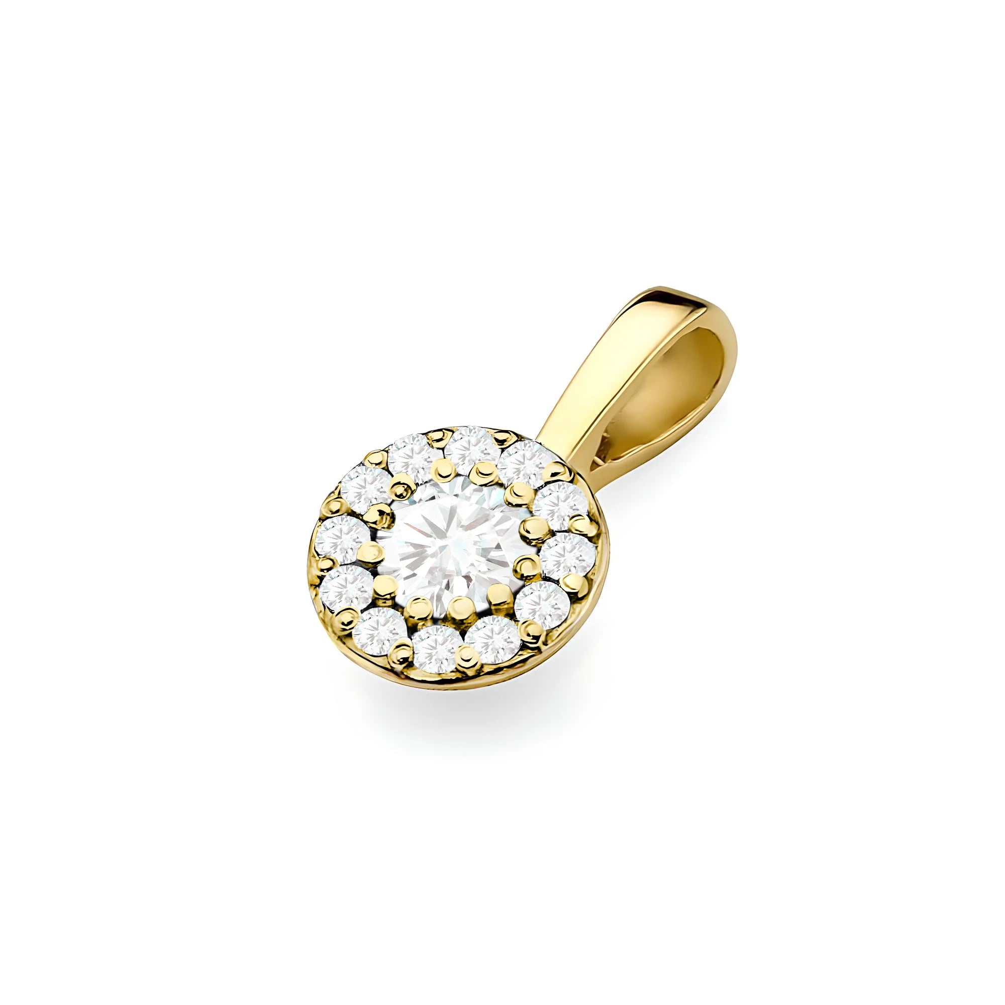 Gold Pendant with central Diamond and beset by smaller diamonds.