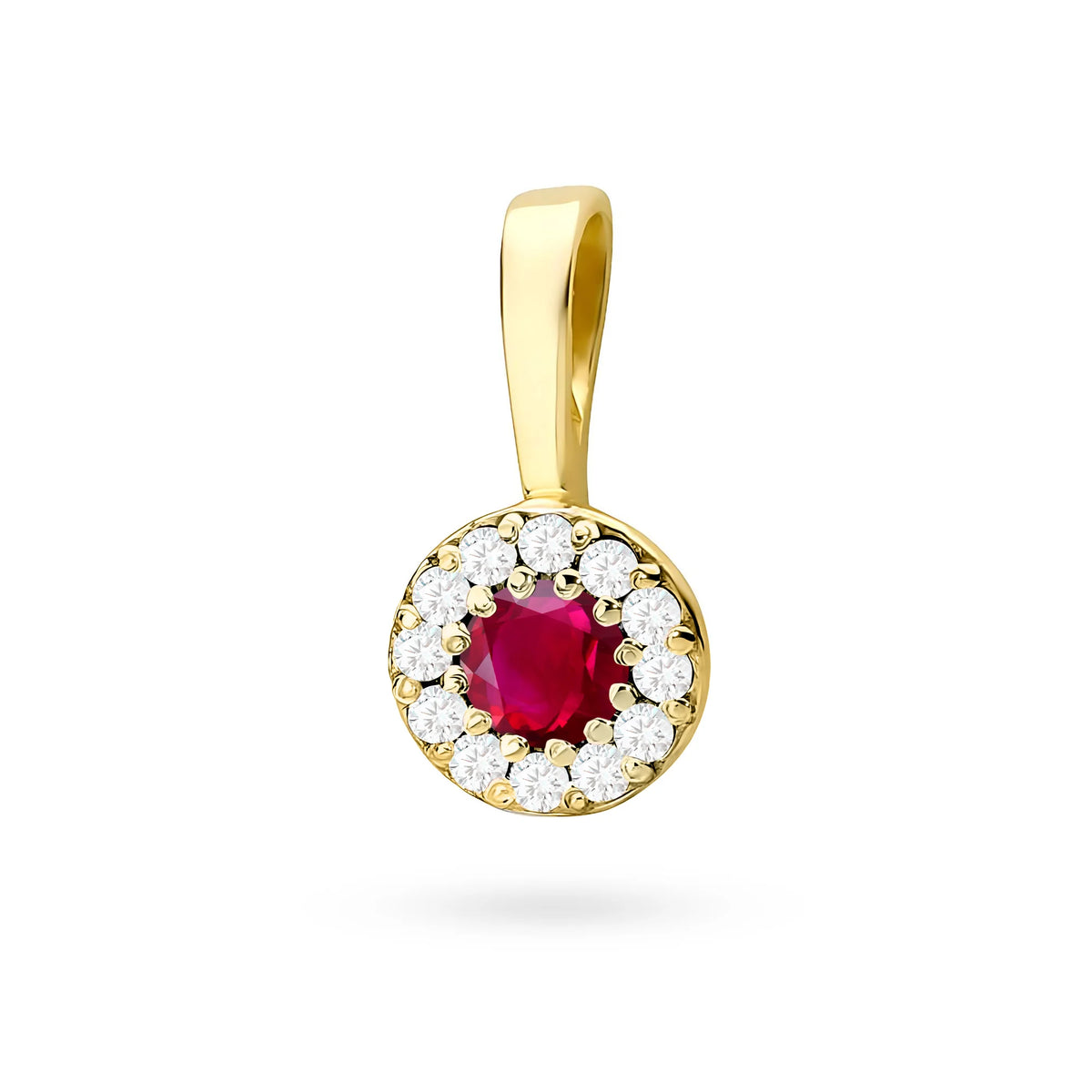 Gold round pendant with ruby and real diamonds in 3 colors of 14k(585) gold.