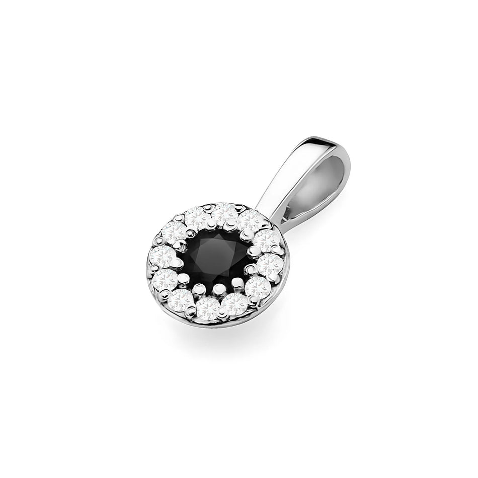 Anhänger aus Weißgold mit zentralem schwarzem Diamanten und besetzt mit weißen Diamanten.