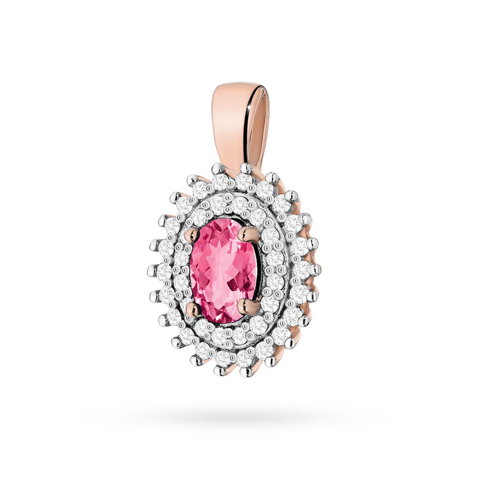 Pendant made of the 14K (585) gold. Our selection includes chains, pendants, necklaces. oval cut pink topaz 0.50ct and 39 diamonds 0.19ct. A unique gift for her