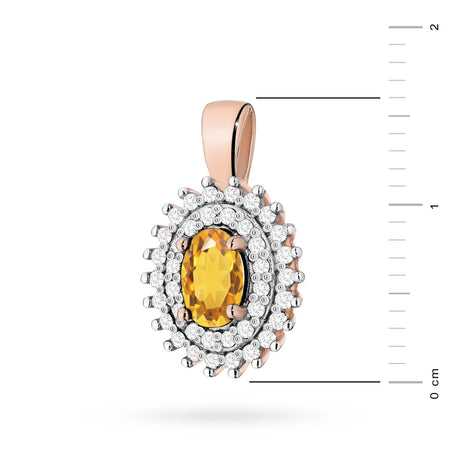 Pendant made of 14K (585) gold. Central citrin 0.60ct surrounded by 39 diamonds 0.19ct. A unique gift for her. Our shop offers chains, rings, earrings.