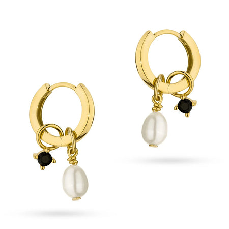 Silver(925) Earrings with black pearl and zirconia. Hoop shape in vintage style. Order gift for mother, girlfriend or fiancee.