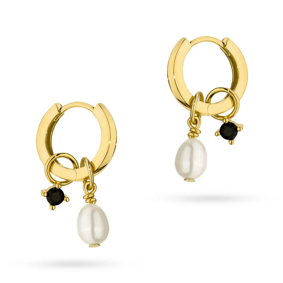 Silver(925) Earrings with black pearl and zirconia. Hoop shape in vintage style. Order gift for mother, girlfriend or fiancee.