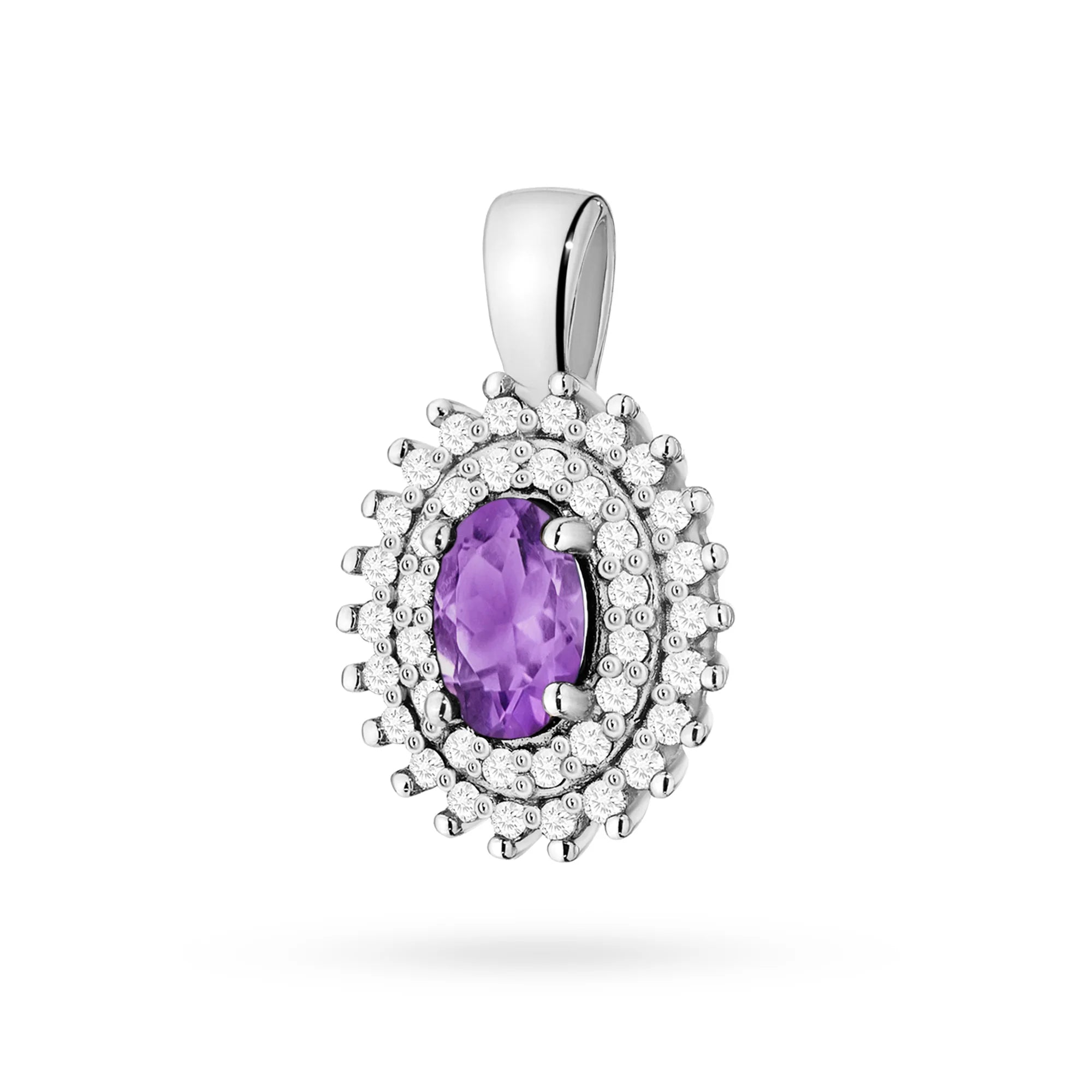 Pendant made of 14K (585) gold. Central amethyst 0.40ct surrounded by 39 diamonds 0.19ct. A unique gift for her. Our shop offers chains, rings, earrings.