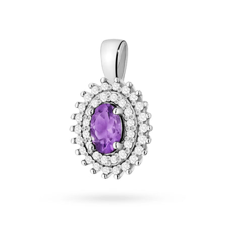 Pendant made of 14K (585) gold. Central amethyst 0.40ct surrounded by 39 diamonds 0.19ct. A unique gift for her. Our shop offers chains, rings, earrings.