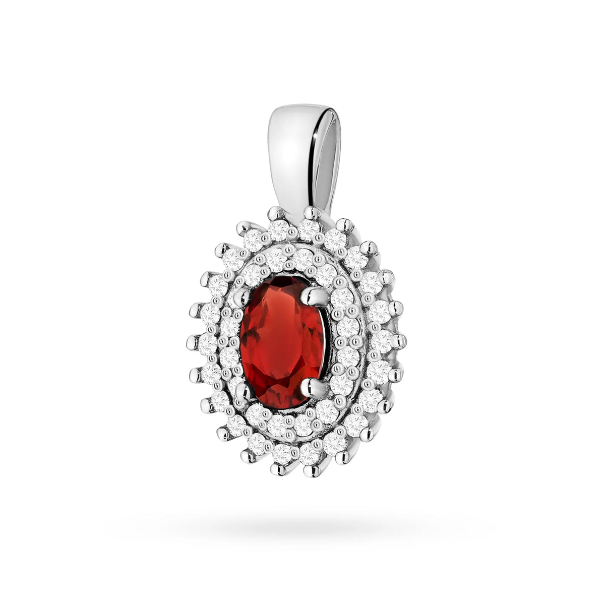 Anhänger aus 14K (585) Gold. Zentraler Granat 0,50 ct, umgeben von 39 Diamanten 0,19 ct. Ein einzigartiges Geschenk für sie. Unser Geschäft bietet Ketten, Ringe oder Armbänder an.