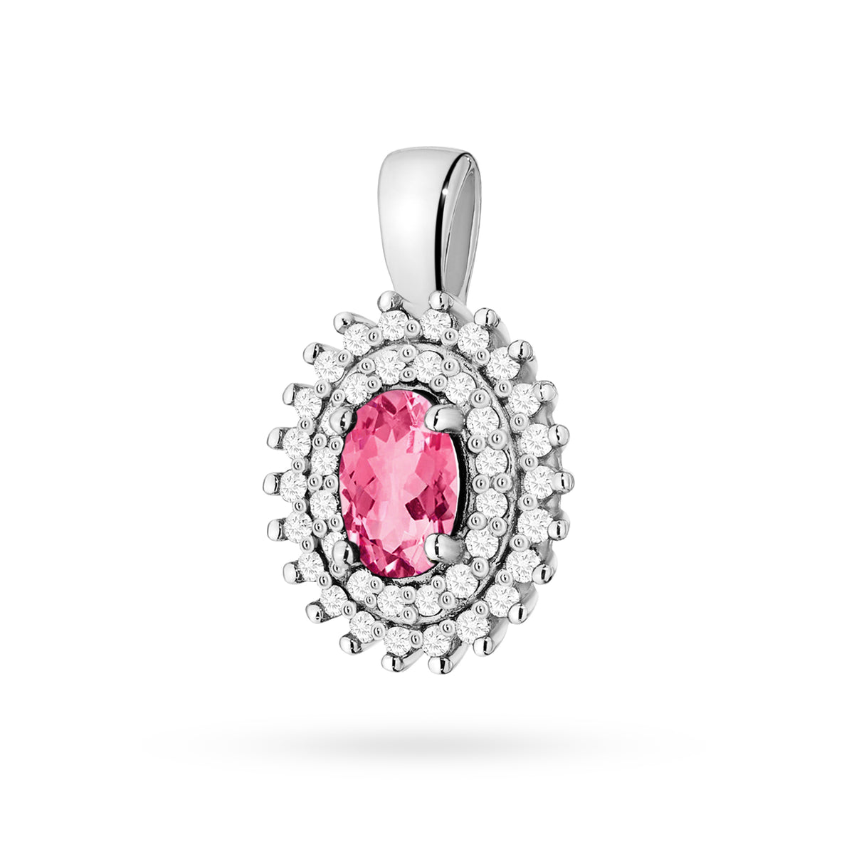Anhänger aus 14-karätigem (585) Gold. Unsere Auswahl umfasst Ketten, Anhänger, Halsketten. Oval geschliffener rosa Topas 0,50 ct und 39 Diamanten 0,19 ct. Ein einzigartiges Geschenk für sie