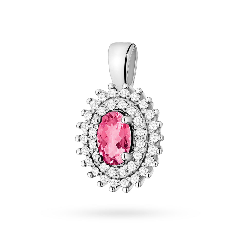Pendant made of the 14K (585) gold. Our selection includes chains, pendants, necklaces. oval cut pink topaz 0.50ct and 39 diamonds 0.19ct. A unique gift for her
