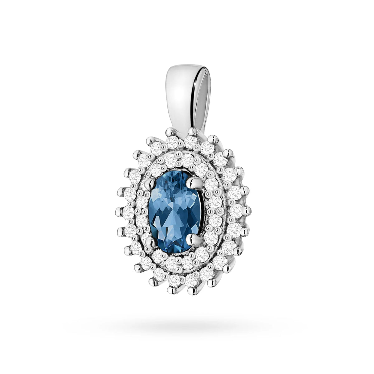 Anhänger aus 14K (585) Gold. Zentraler Topas London Blue 0,50 ct, umgeben von 39 Diamanten 0,19 ct. Ein einzigartiges Geschenk für sie. Unser Geschäft bietet Ketten und Halsketten an.