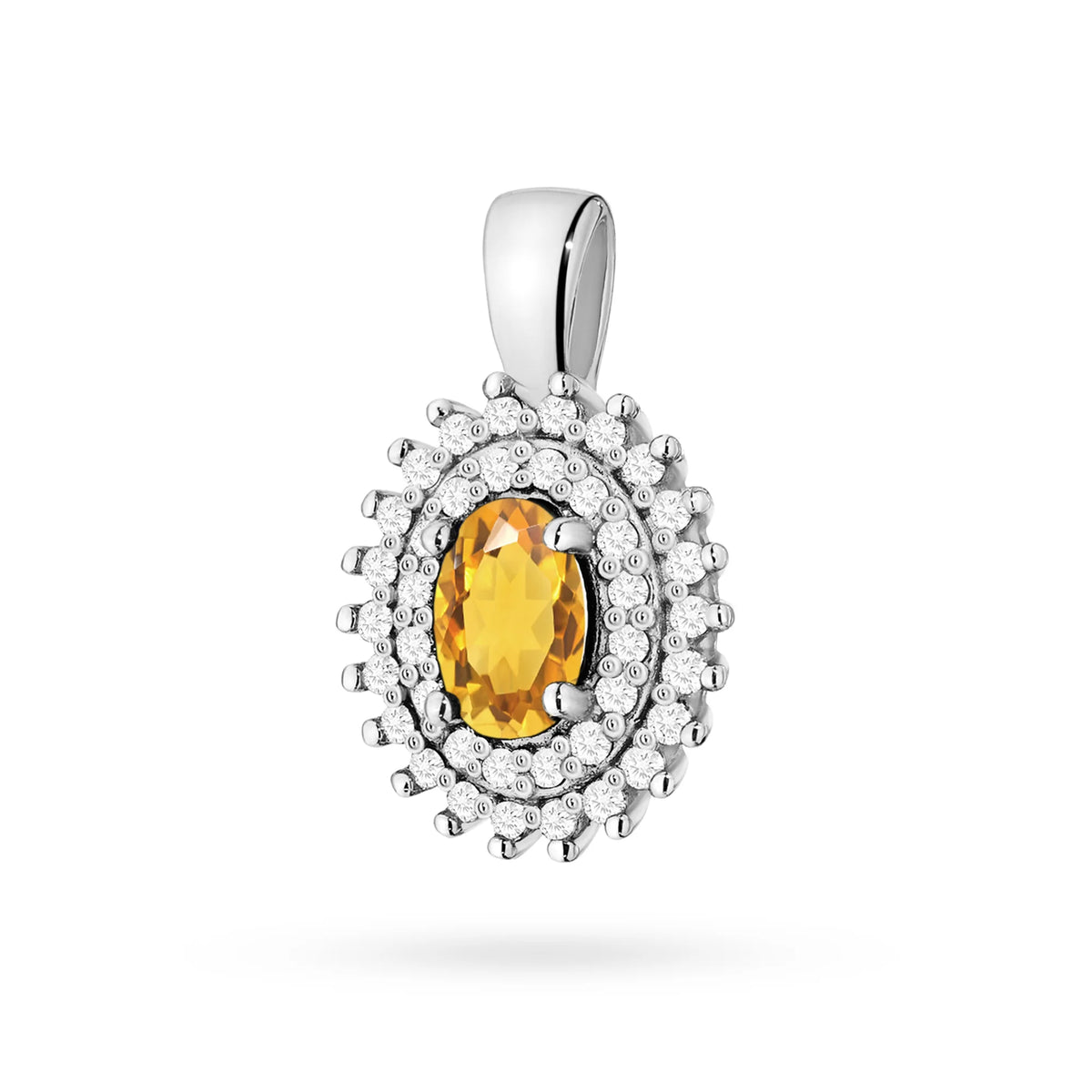 Pendant made of 14K (585) gold. Central citrin 0.60ct surrounded by 39 diamonds 0.19ct. A unique gift for her. Our shop offers chains, rings, earrings.